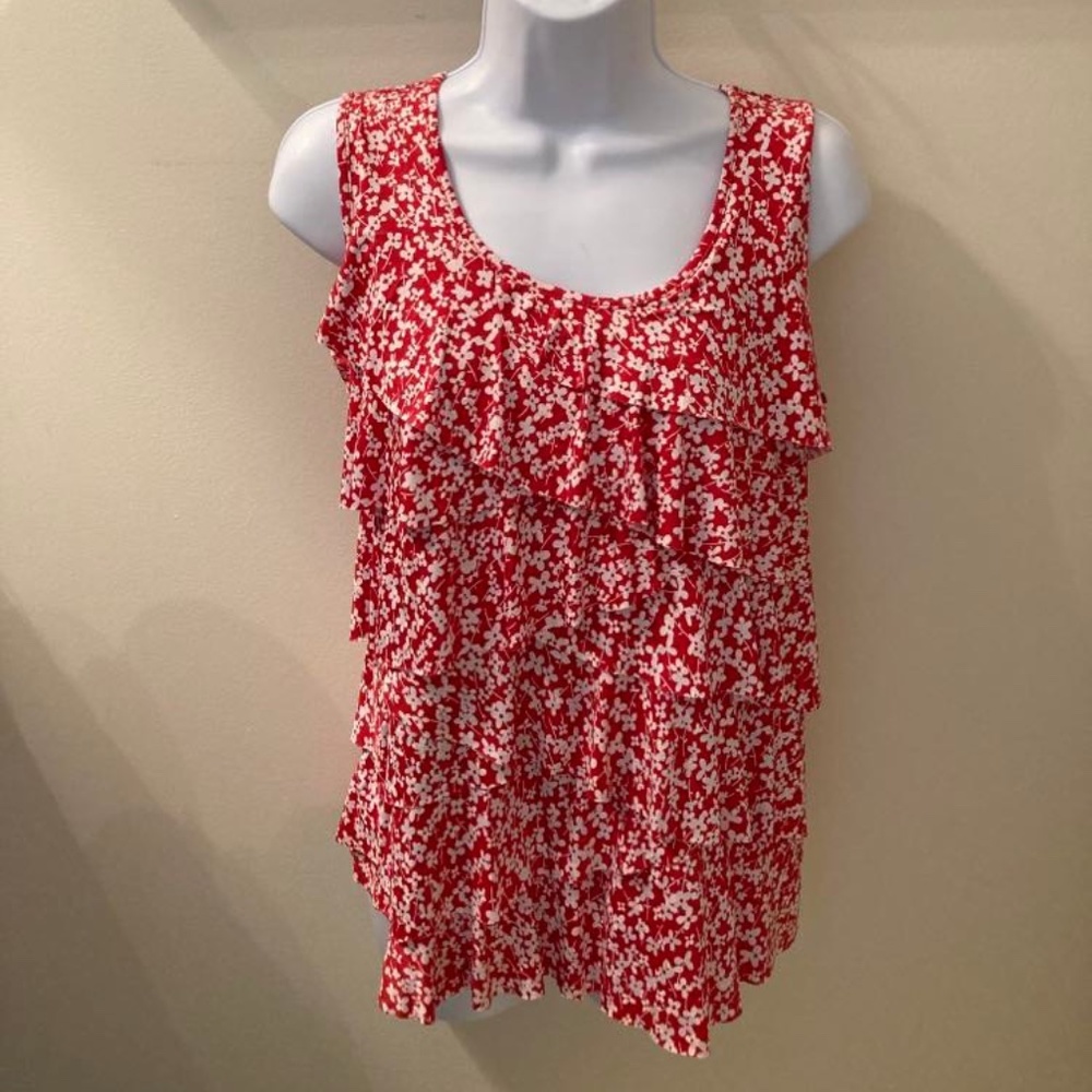Westport Layered Ruffle Sleeveless Blouse - Red & White - Size Petite Large